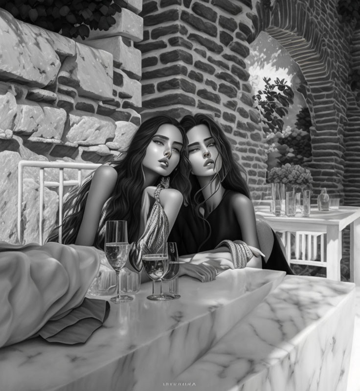 Two women lounging at an elegant marble bar in a serene brick archway setting