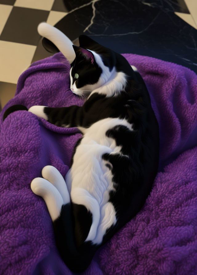Black and white cat relaxing on purple blanket with tail raised