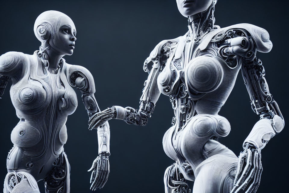 Intricately designed humanoid robots facing each other on dark background