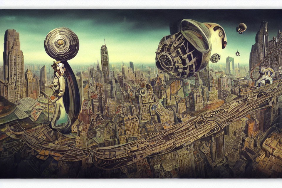 Surreal cityscape with towering skyscrapers and whimsical elements