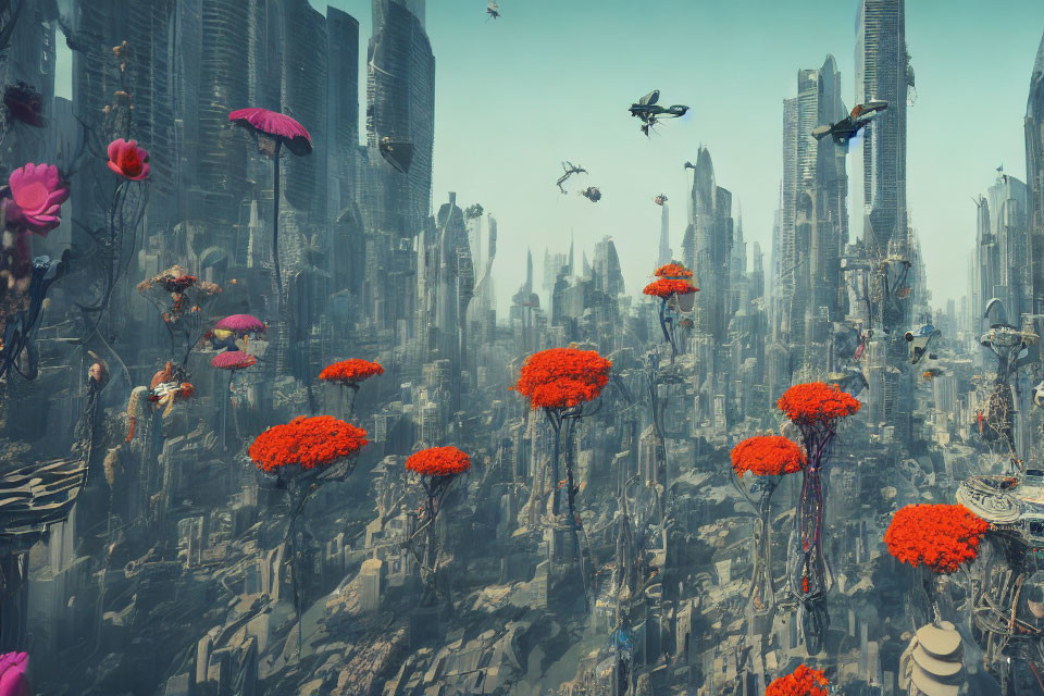 Futuristic cityscape with skyscrapers, floating flowers, and flying vehicles
