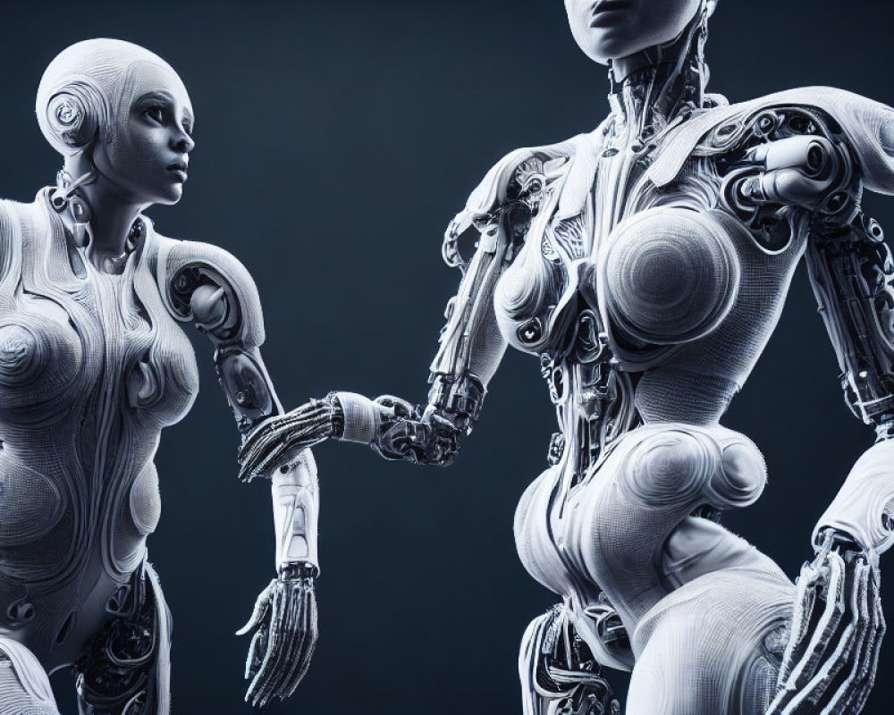 Intricately designed humanoid robots facing each other on dark background