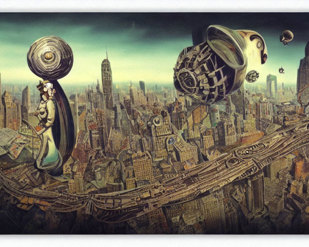 Surreal cityscape with towering skyscrapers and whimsical elements
