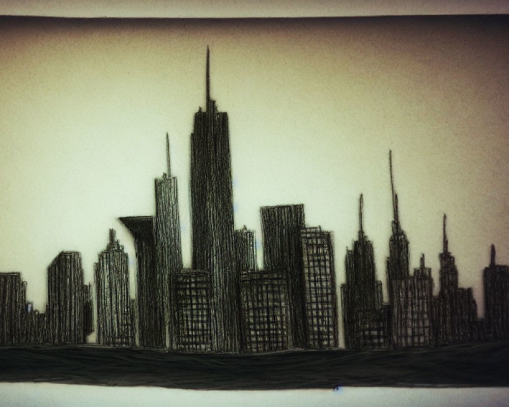 City skyline drawing with distinct skyscrapers on muted background