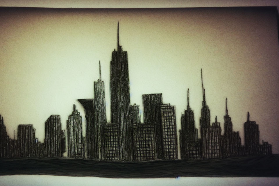 City skyline drawing with distinct skyscrapers on muted background