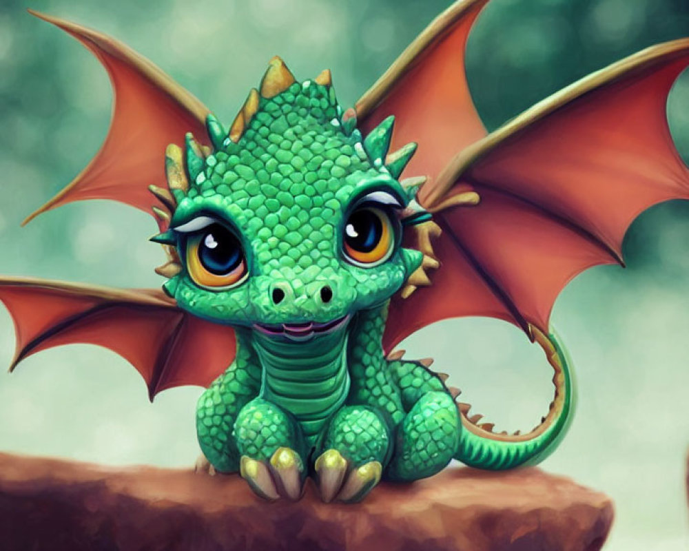 Green Cartoon Dragon Smiling on Rock in Blurred Background