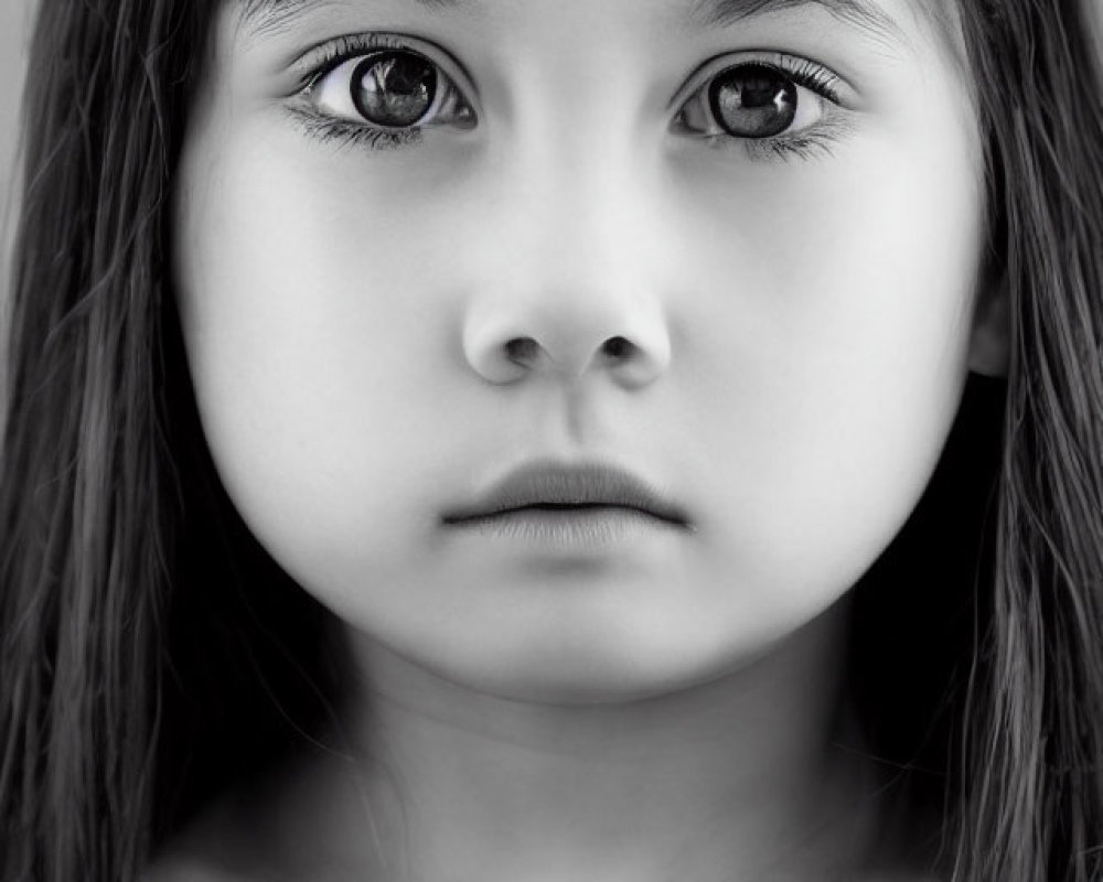 Monochrome close-up portrait of young girl with expressive eyes