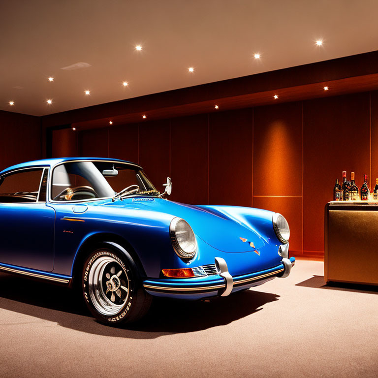 Vintage Blue Porsche in Elegant Room with Spotlights and Liquor Bottles