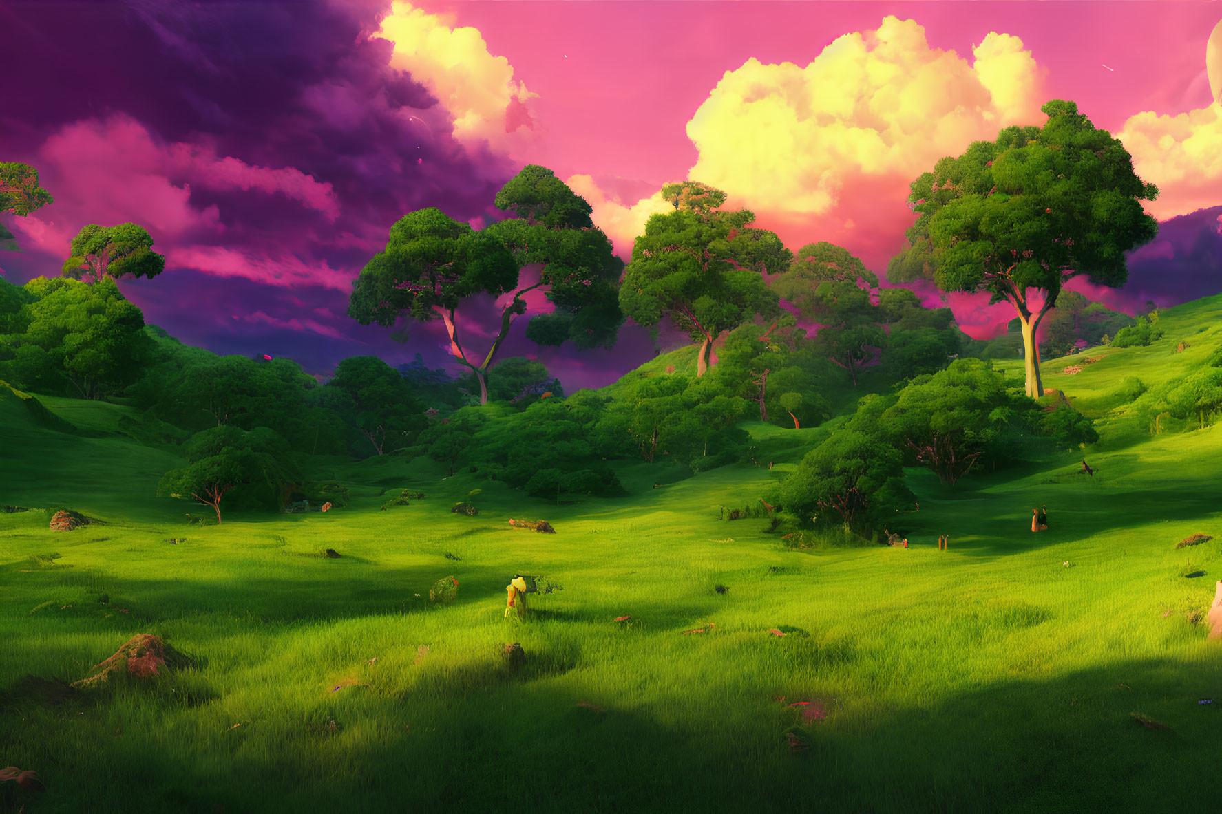 Colorful Landscape with Green Hills and Pink-Purple Sky