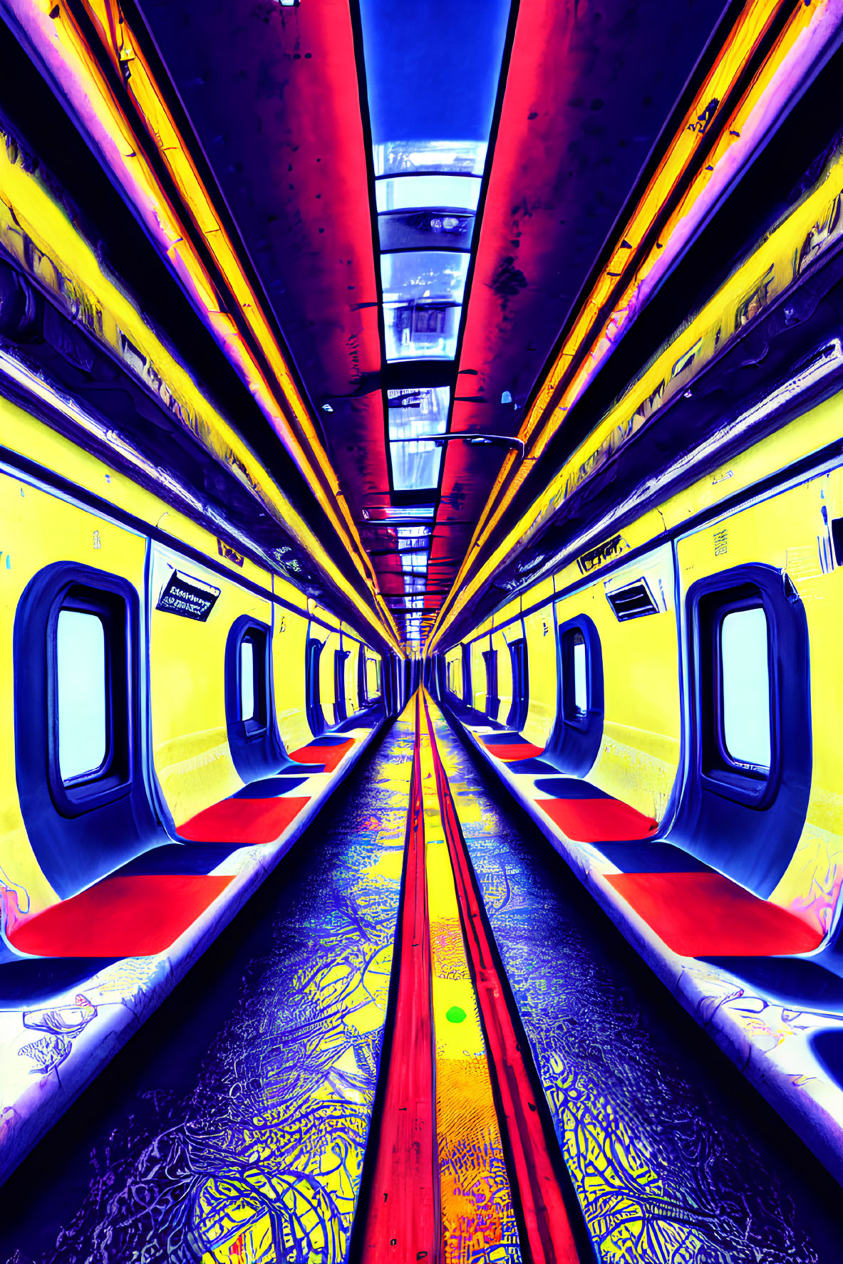 Colorful psychedelic train interior with dramatic perspective and abstract floor patterns.