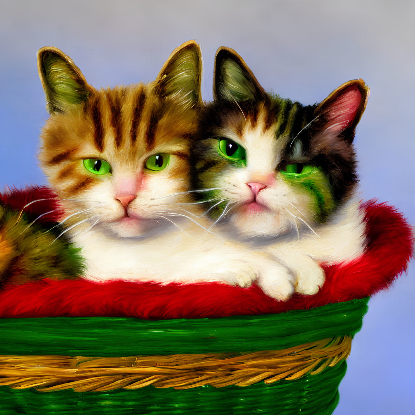 Two Cats with Green Eyes Resting in Basket with Red Lining