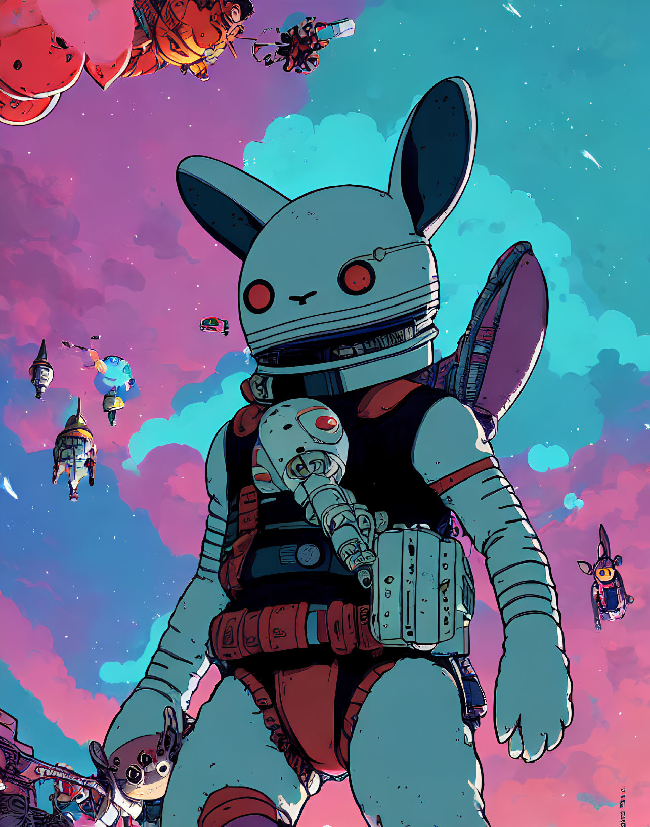 Colorful Rabbit Astronaut Surrounded by Floating Characters in Space