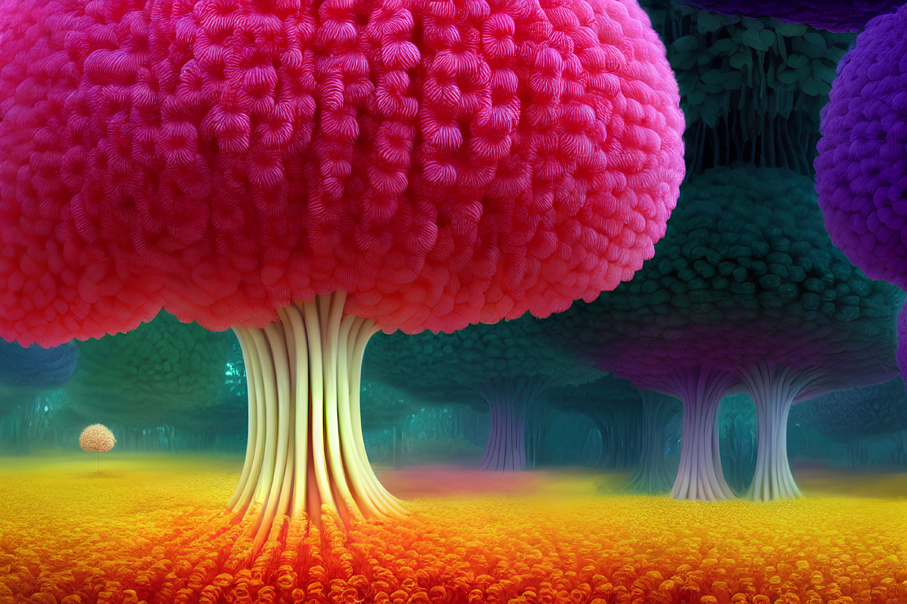 Colorful Coral-Like Canopies in Fantasy Forest