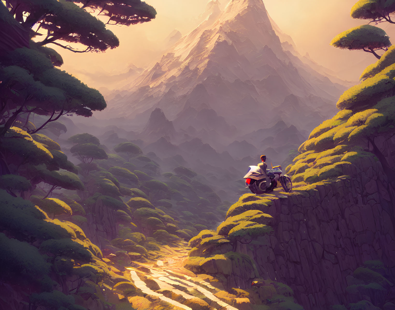 Motorcyclist on Cliff Overlooking Forest and Mountains