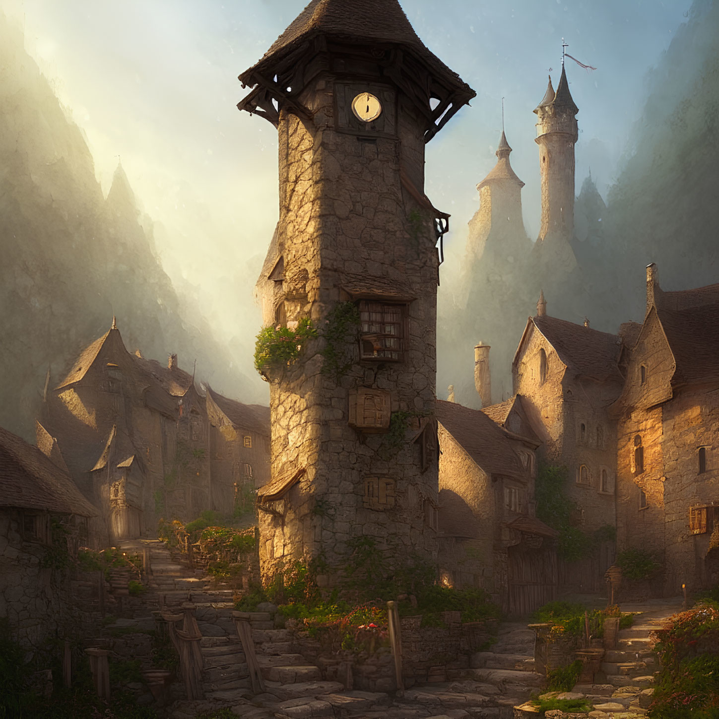 Medieval village with clock tower, stone houses & misty mountains