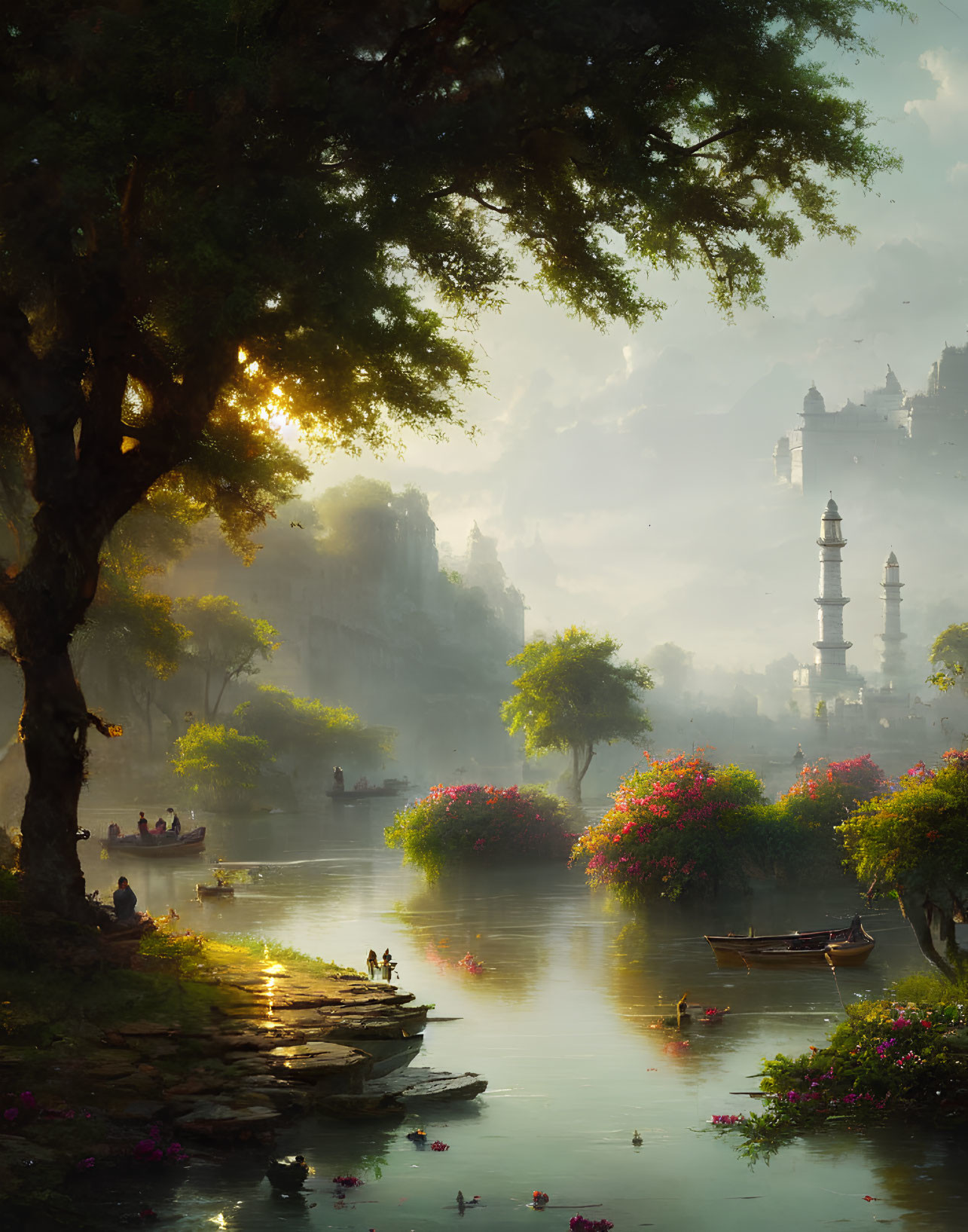Tranquil river scene at dusk with boats, flowering trees, ancient buildings, and warm sun glow
