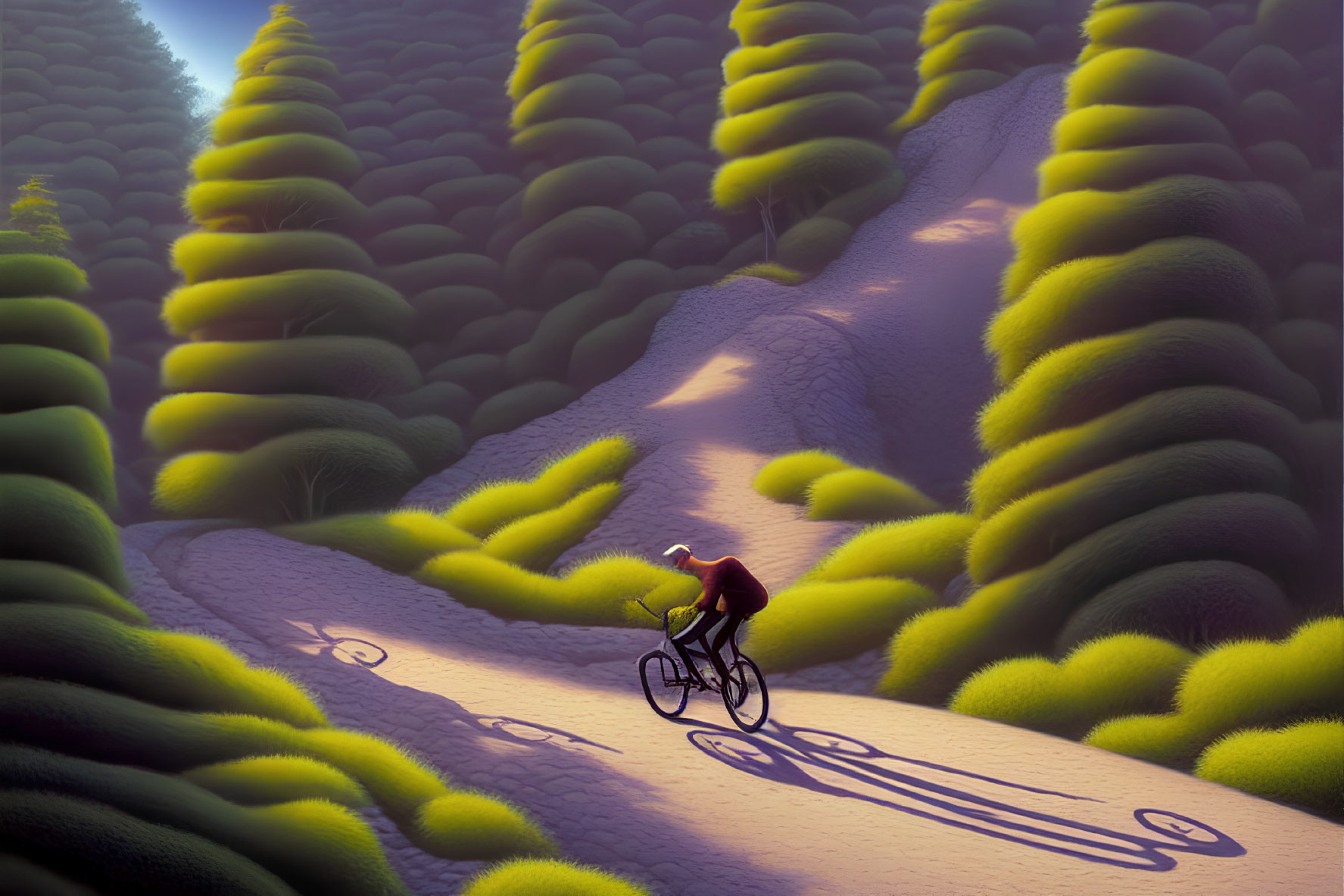 Cyclist riding through lush forest with stylized conical trees and long shadows