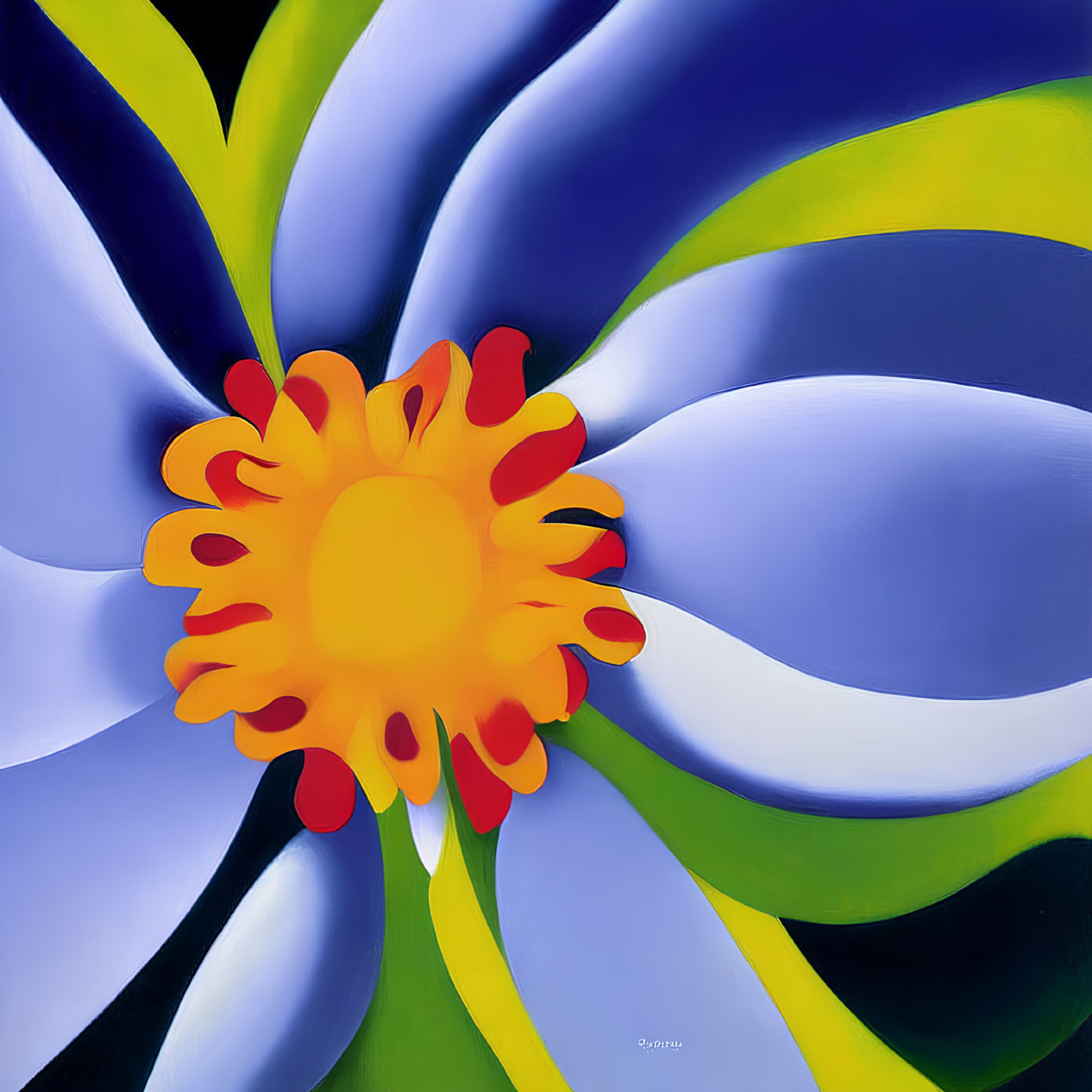 Colorful Stylized Flower Painting with Blue and White Petals