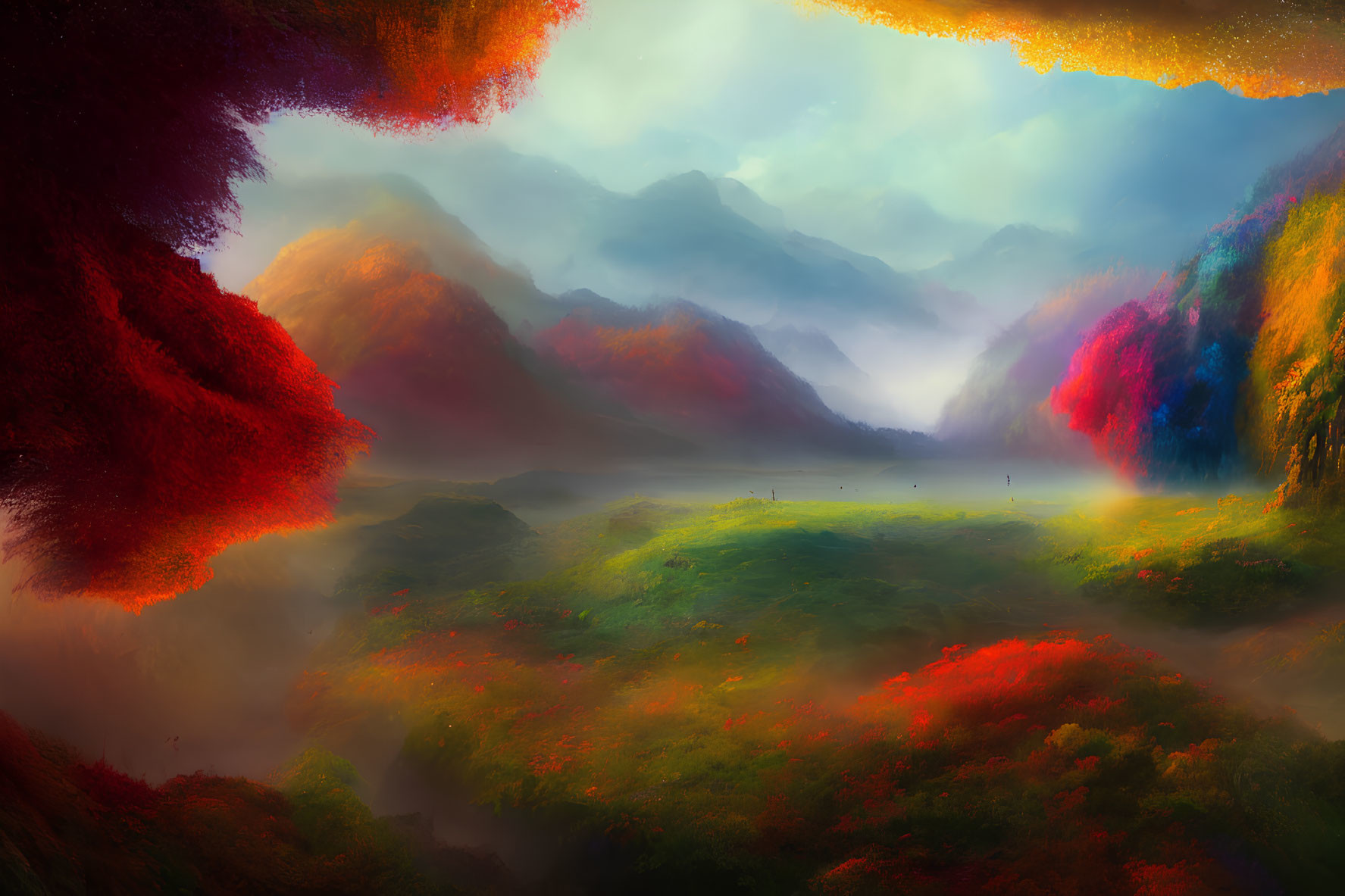 Colorful Foliage and Misty Mountains in Soft Light