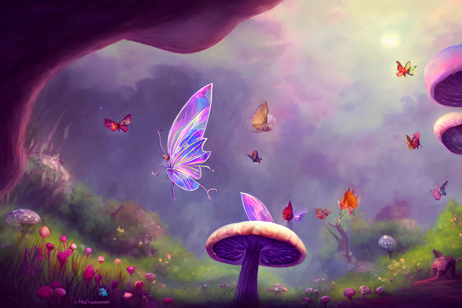 Colorful Enchanted Forest Artwork with Oversized Mushrooms and Butterflies