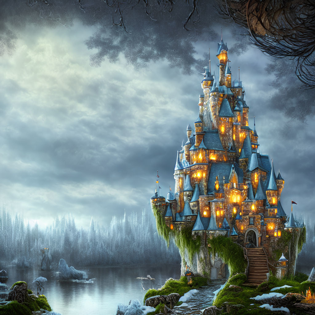 Mystical castle on island in misty lake under overcast sky