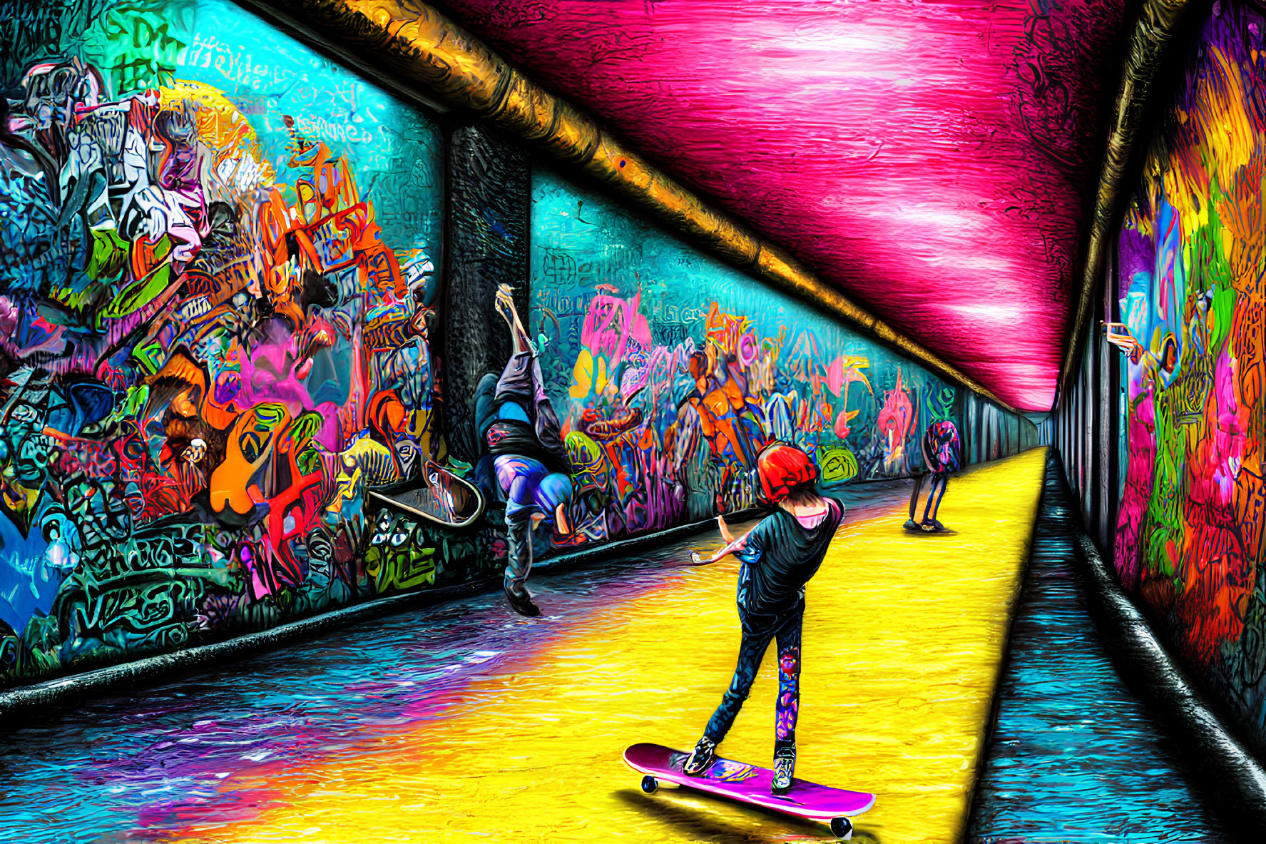 Skateboarder in Graffiti Tunnel with Fluorescent Lighting