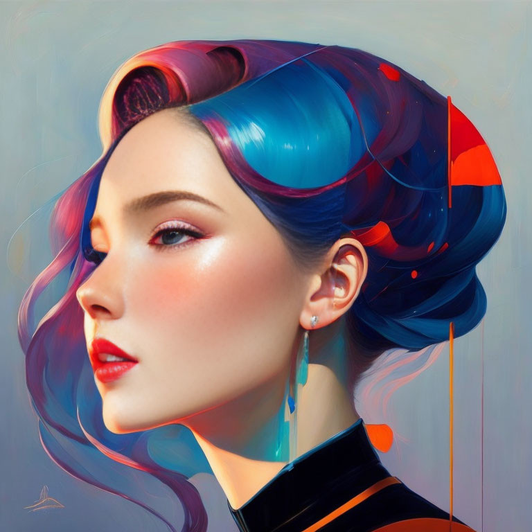 Colorful Digital Portrait of Woman with Blue and Purple Stylized Hair