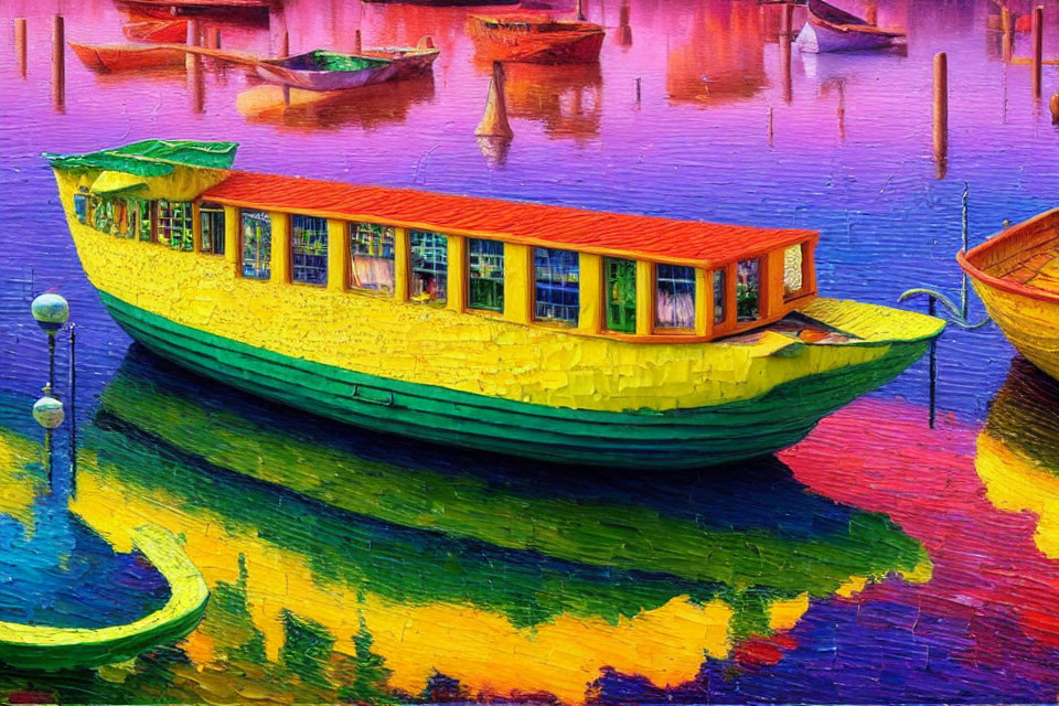 Colorful painting of yellow and green boat on reflective water surface
