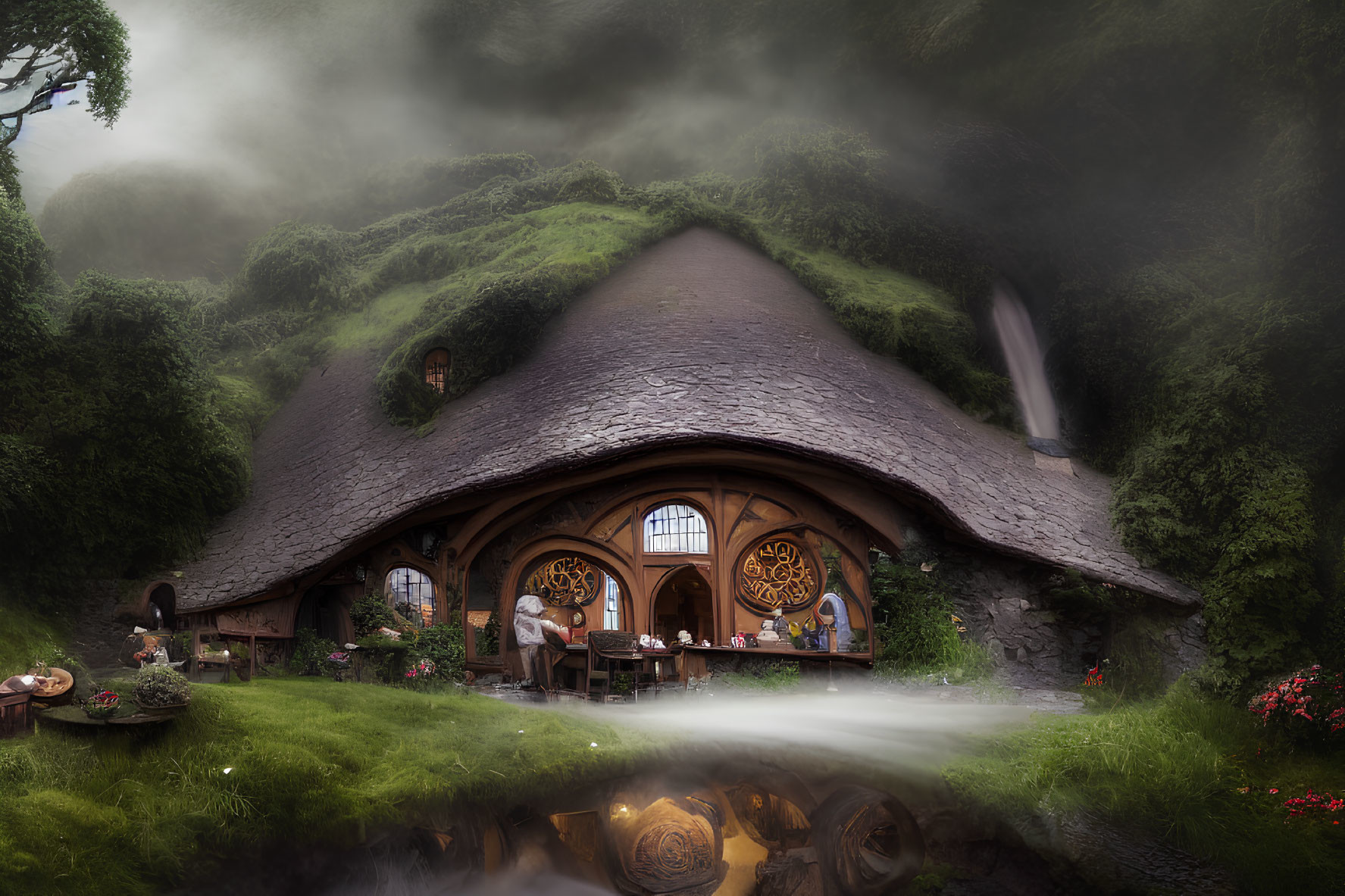 Whimsical cottage with thatched roof in mystical forest