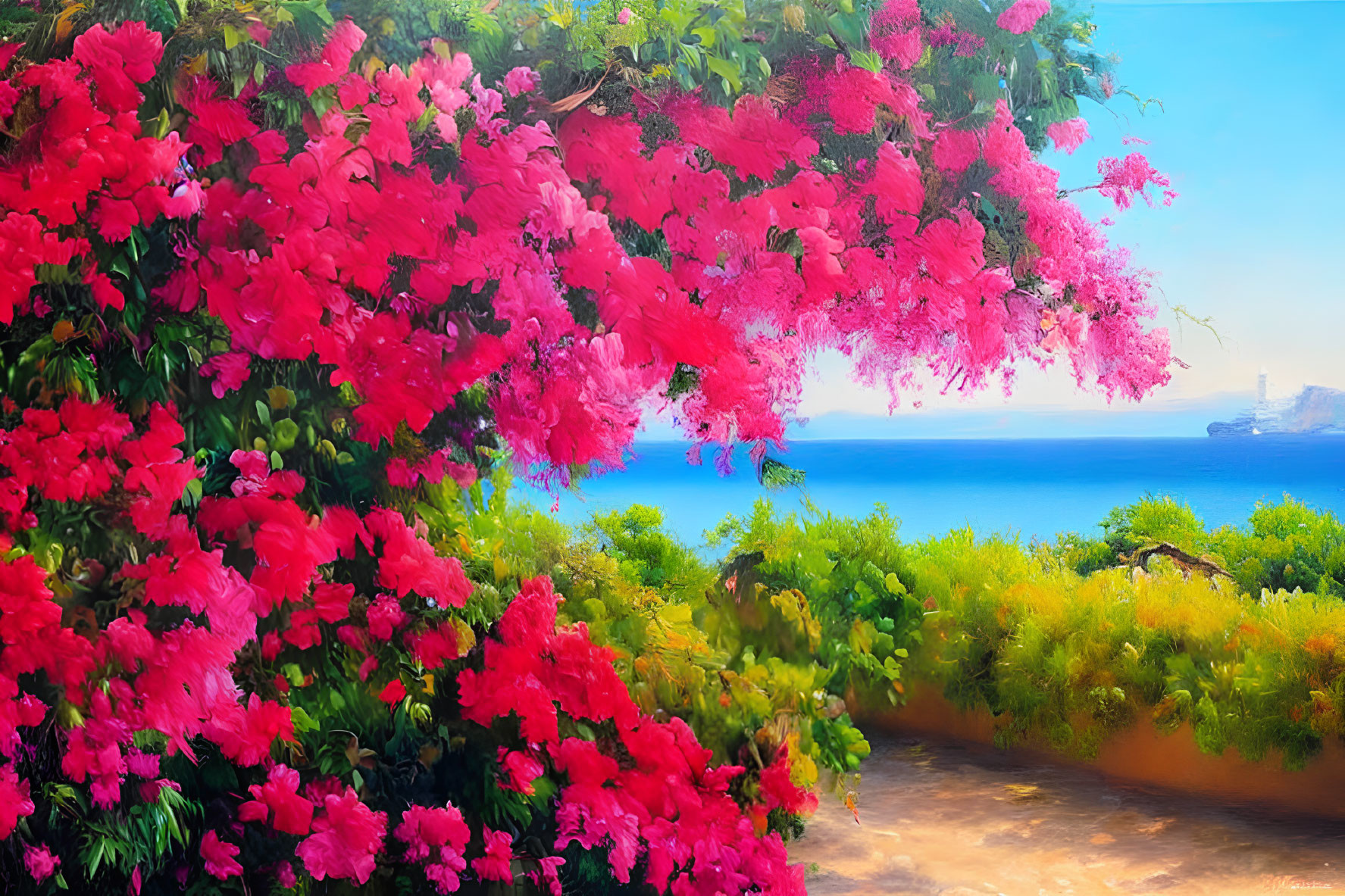 Pink Flowers Blooming on Trees by Blue Sea