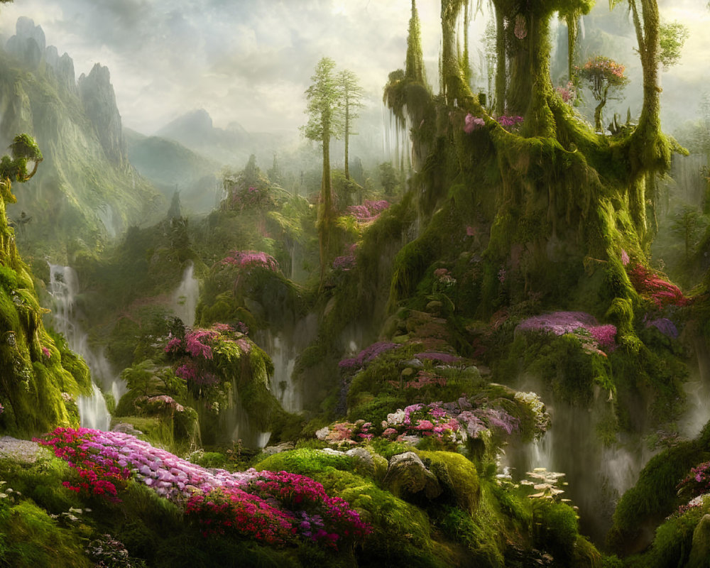 Enchanting forest scene with pink flowers, mossy trees, sunlight, and waterfalls