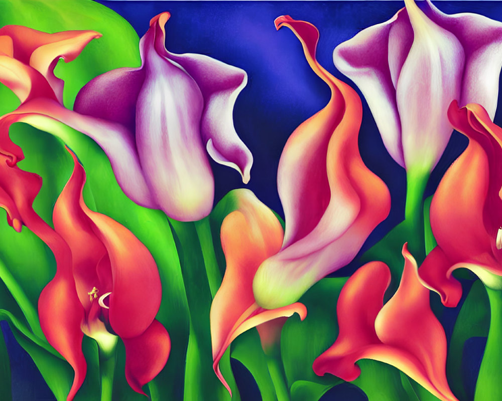 Colorful Calla Lilies Painting on Deep Blue Background