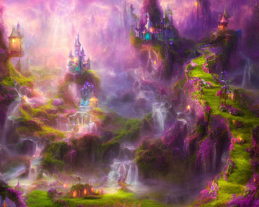 Fantastical landscape with purple hues, waterfalls, castles, and lush greenery