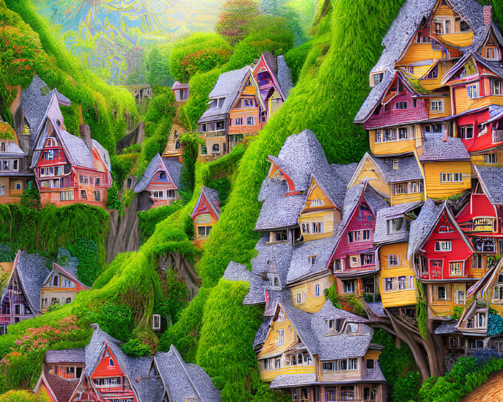 Colorful clustered houses in whimsical village on lush hillside