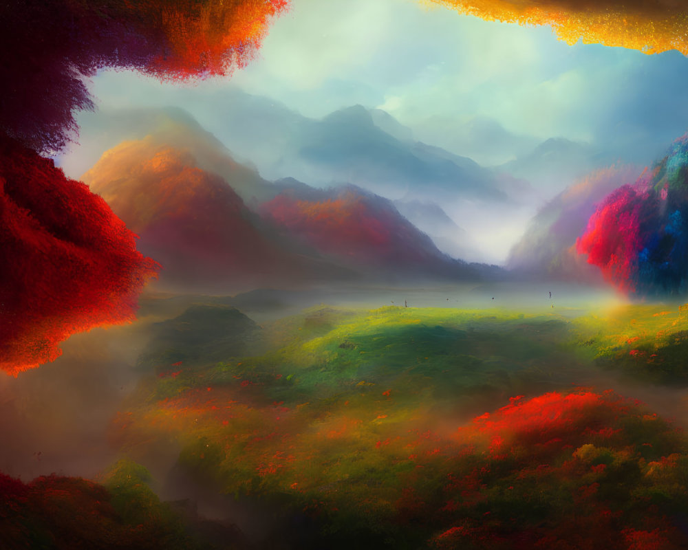 Colorful Foliage and Misty Mountains in Soft Light