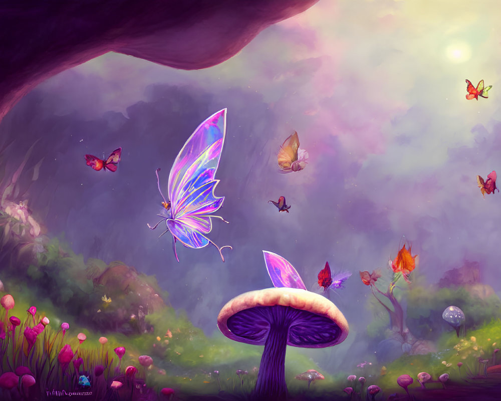 Colorful Enchanted Forest Artwork with Oversized Mushrooms and Butterflies