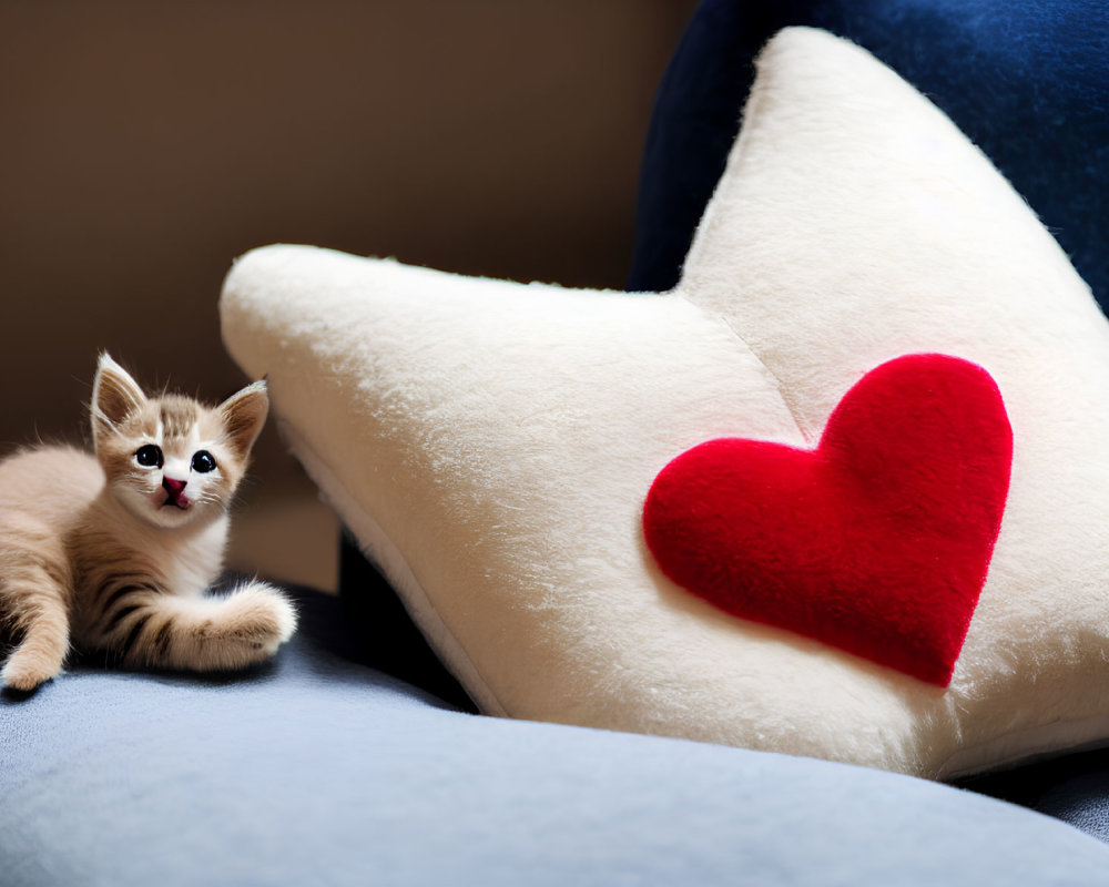 Adorable kitten with star-shaped pillow on blue background
