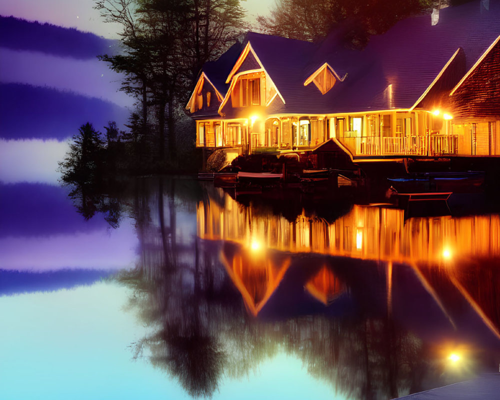 Twilight lakeside cabins with starry sky and dock