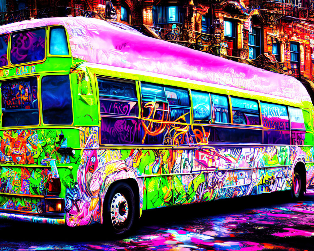 Colorful graffiti art bus parked on street with ornate buildings in high-contrast filter