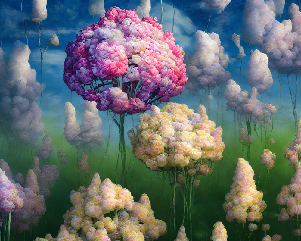 Vibrant cotton candy trees in surreal landscape