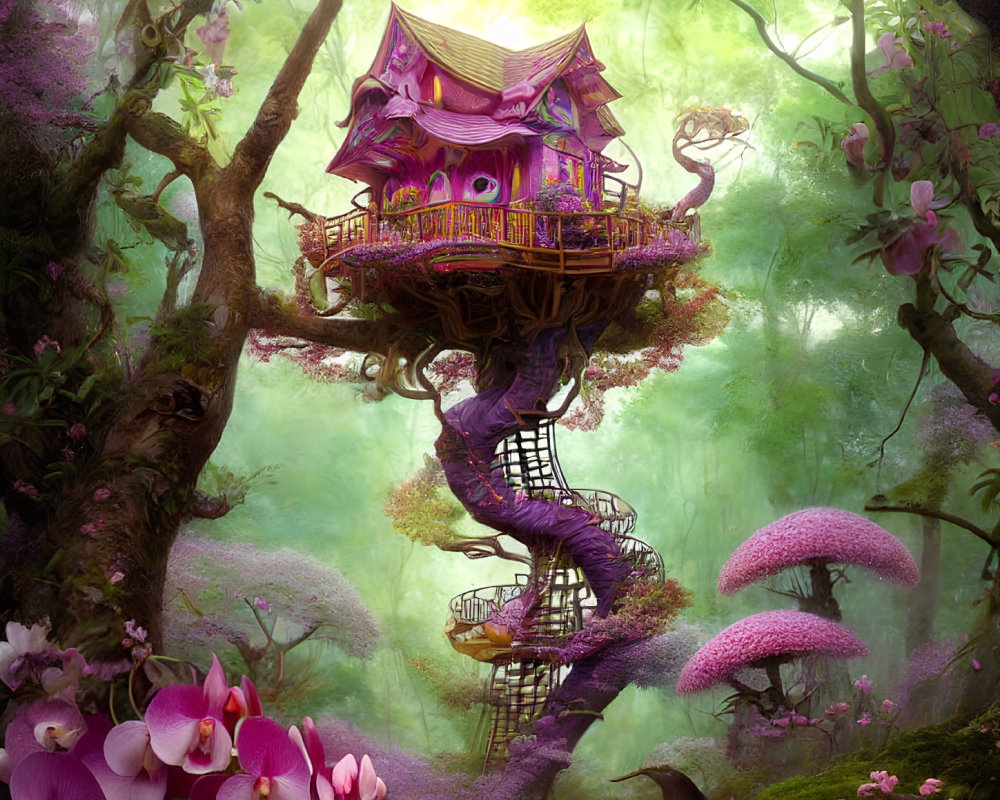 Purple Treehouse in Enchanted Forest with Spiral Stairs & Pink Mushrooms