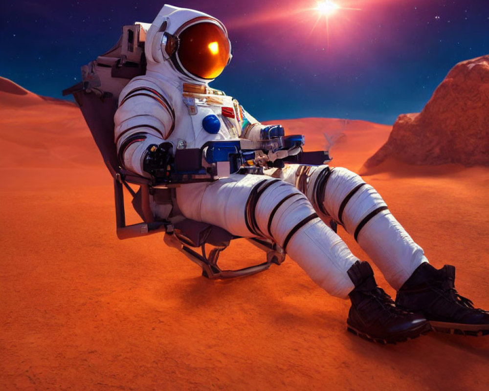 Astronaut in white spacesuit on futuristic chair with Mars-like background