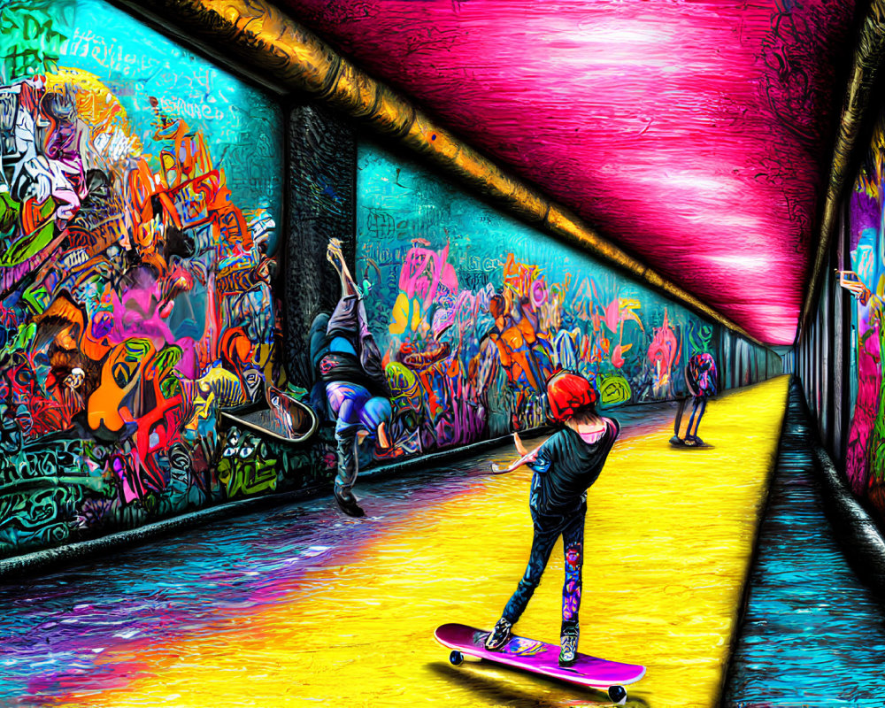 Skateboarder in Graffiti Tunnel with Fluorescent Lighting