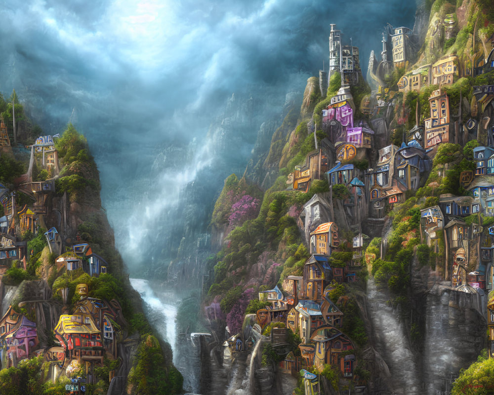 Cliffside village with waterfalls, whimsical houses & lush greenery
