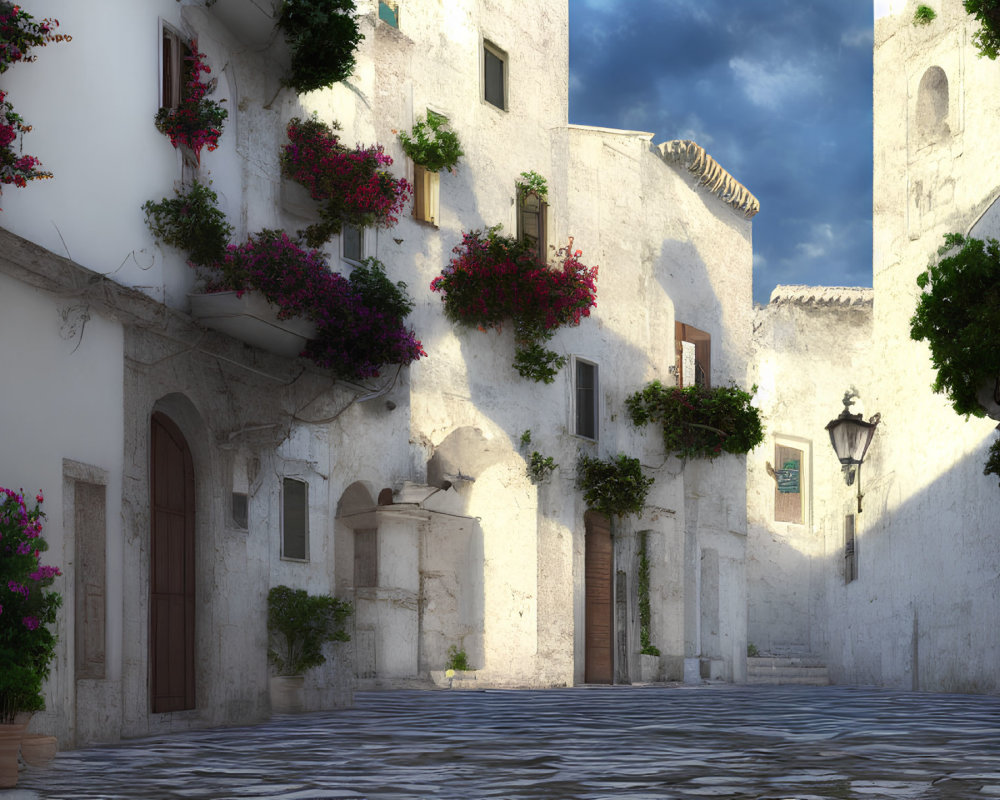 Charming cobblestone street with white buildings and pink bougainvillea