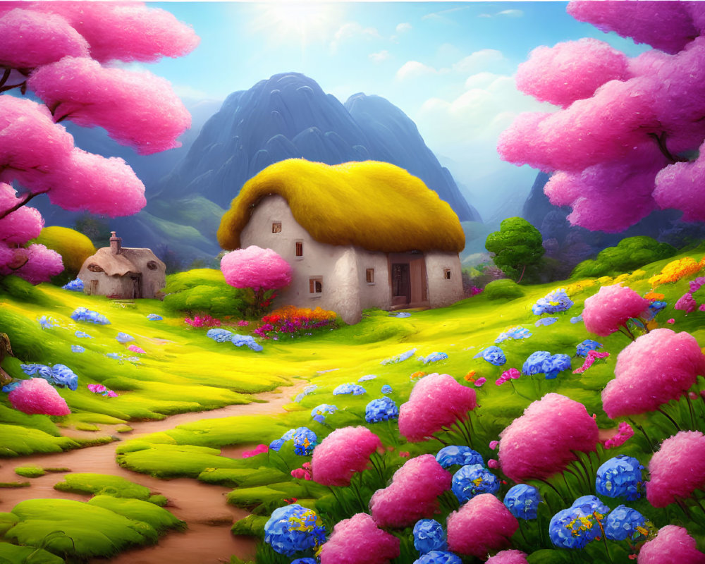 Vibrant pink trees and thatched cottage in idyllic landscape