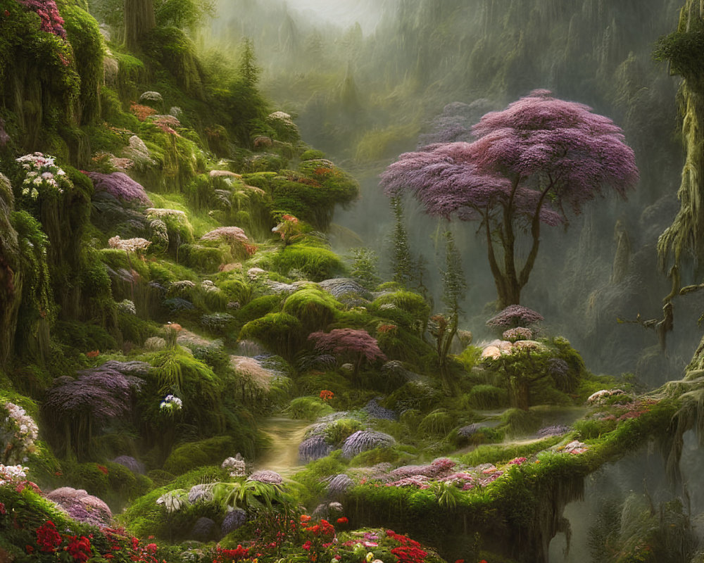 Lush forest scene with moss, flowers, mist, and pink tree in golden light