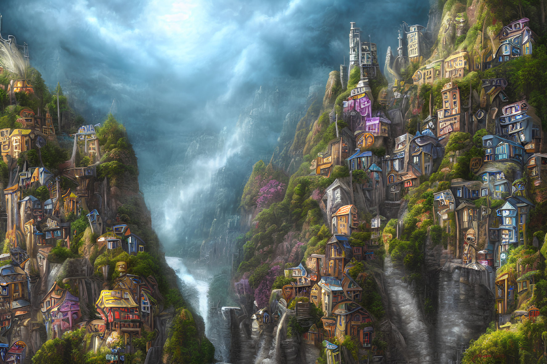 Cliffside village with waterfalls, whimsical houses & lush greenery
