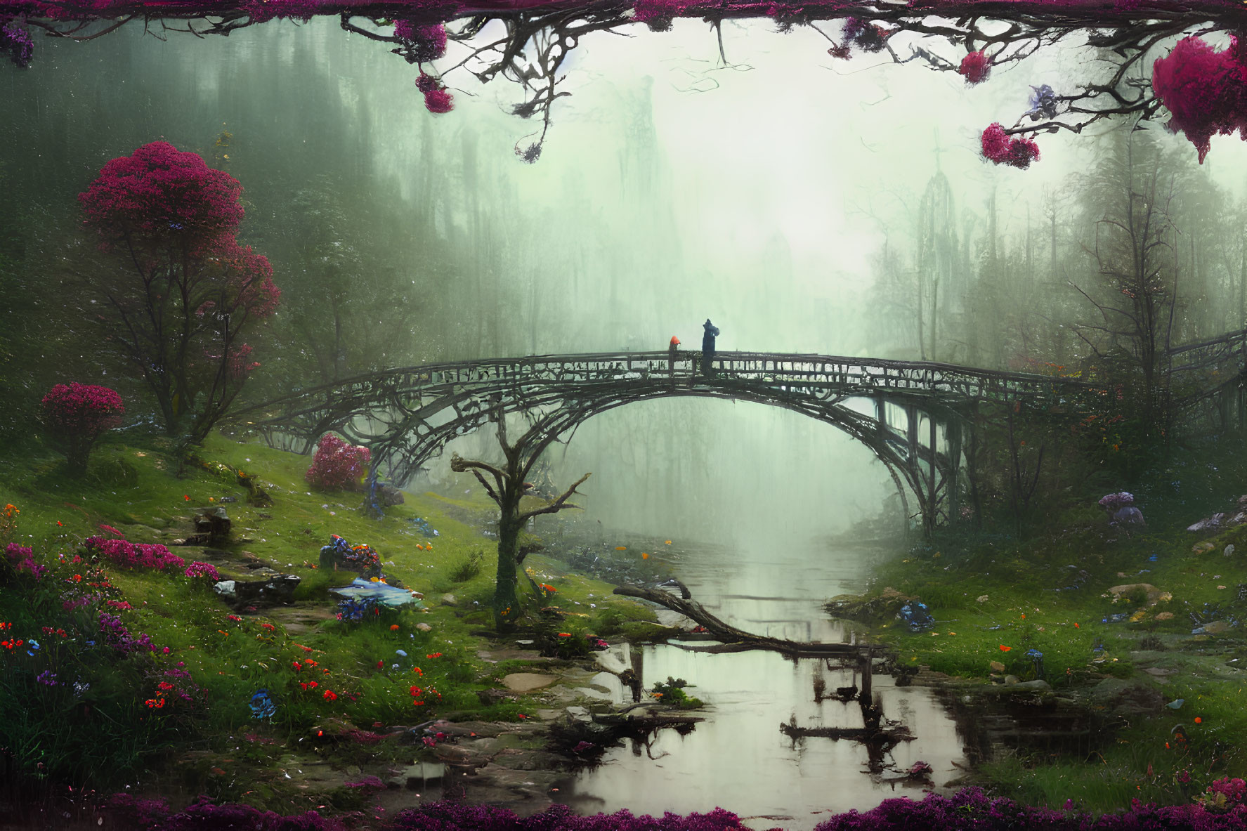 Person standing on wooden bridge in mystical forest with blooming trees