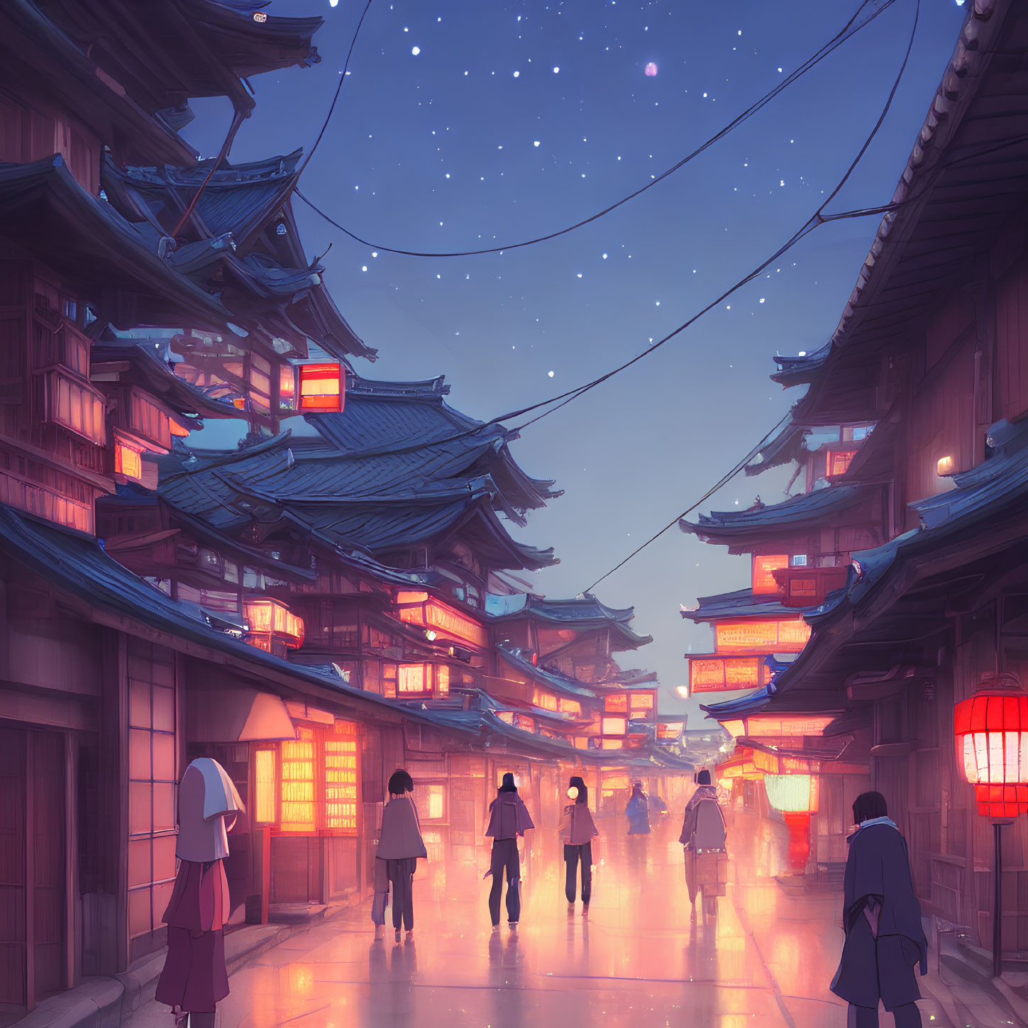Tranquil Asian-inspired town at twilight with traditional buildings and hanging lanterns